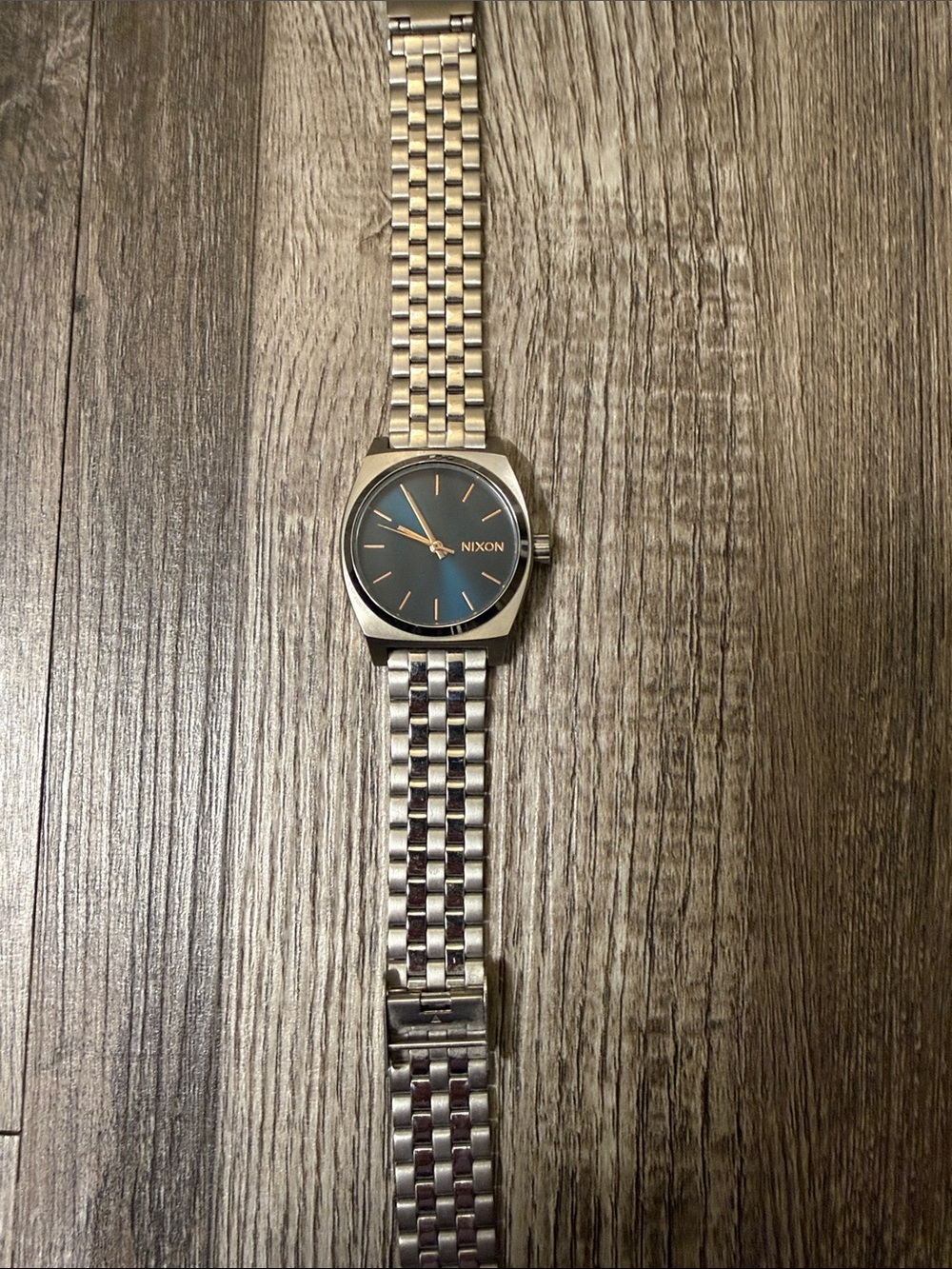 Nixon Silver Watch with Blue Dial and Rose Gold Accents